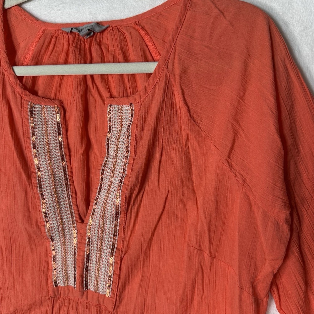 Athleta Embroidered Beaded Tunic S Coral Orange Cotton Sequin V-Neck Boho Resort - Picture 3 of 9